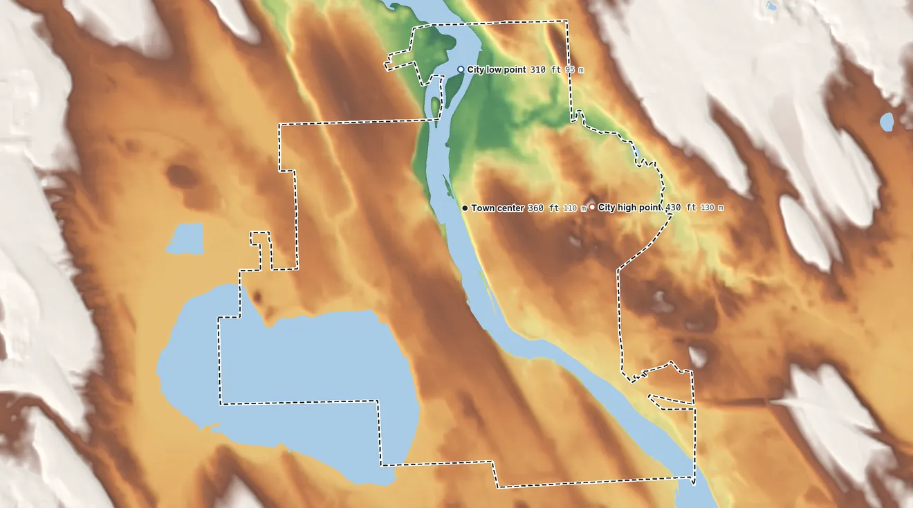 Topographic elevation map of Fulton, New York, shaded from 310 ft on the north side to 430 ft on the east side