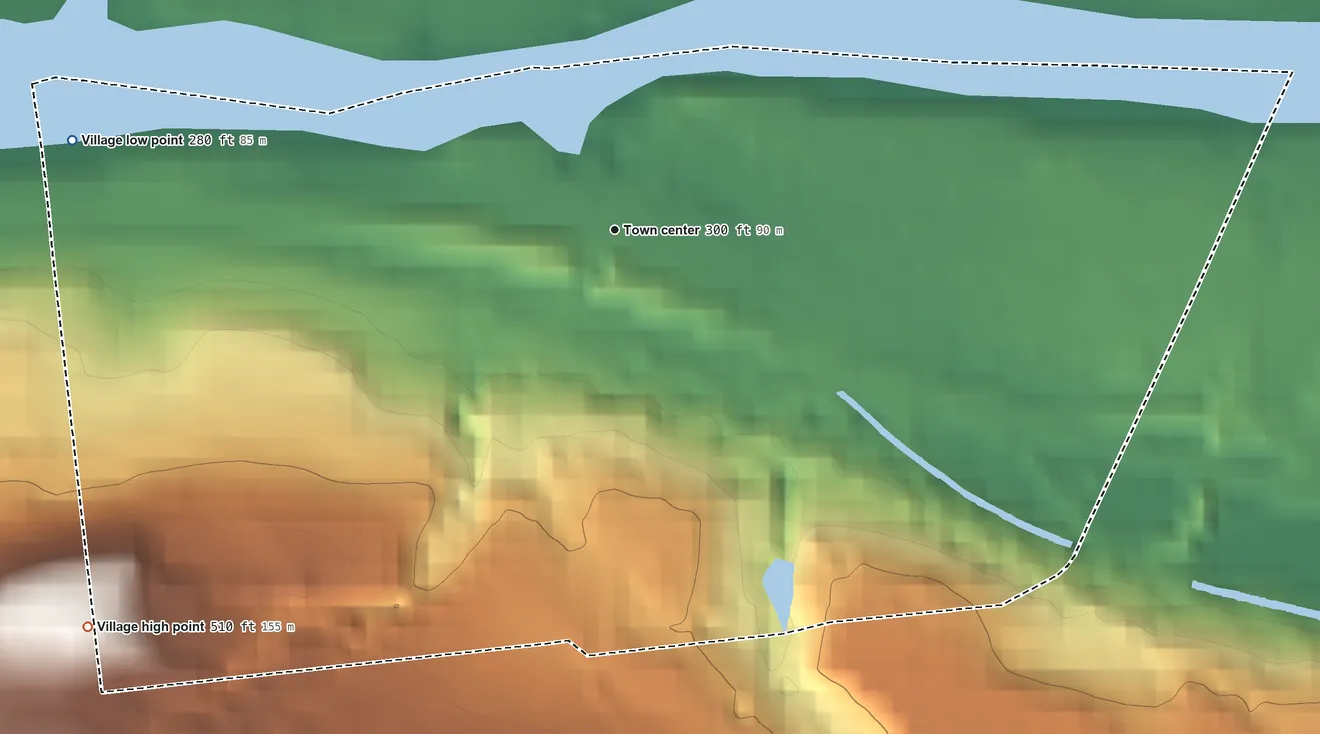 Topographic elevation map of Fultonville, New York, shaded from 280 ft on the west side to 510 ft on the southwest side