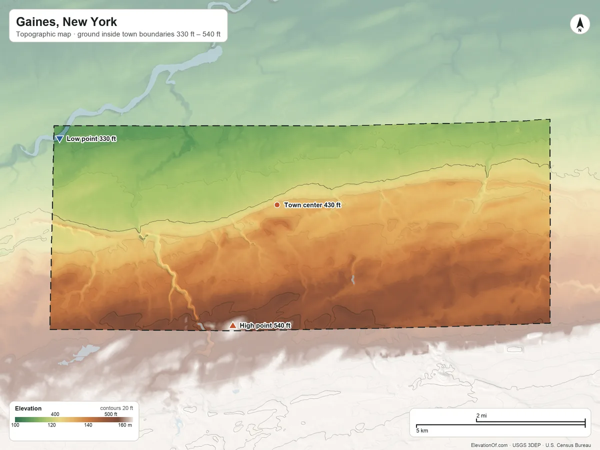 Topographic elevation map of Gaines, New York, shaded from 330 ft on the west side to 540 ft on the south side