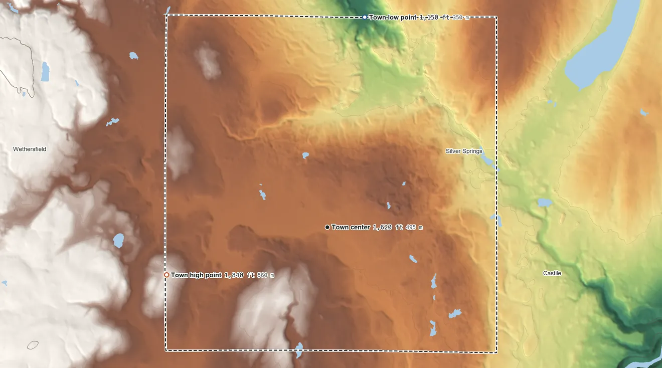 Topographic elevation map of Gainesville, New York, shaded from 1,150 ft on the north side to 1,840 ft on the west side