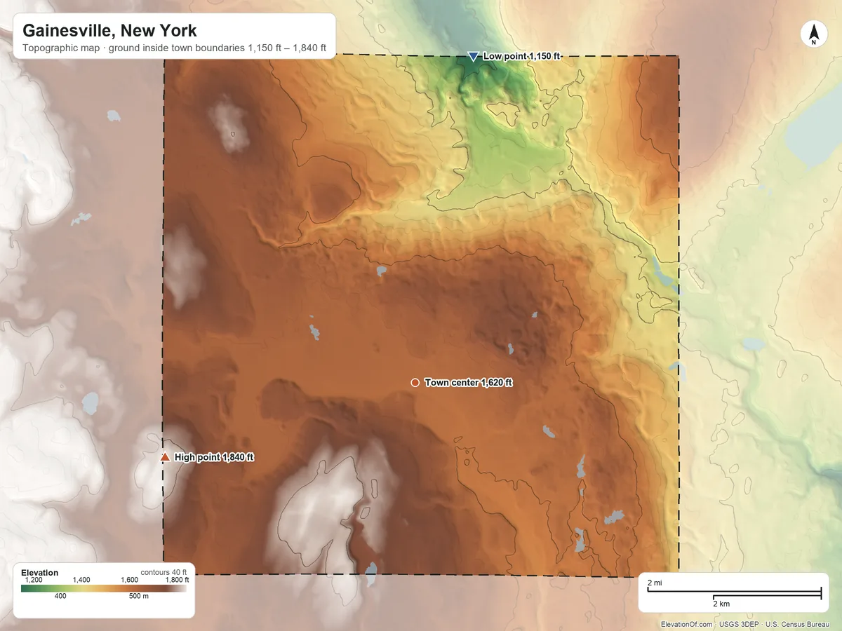 Topographic elevation map of Gainesville, New York, shaded from 1,150 ft on the north side to 1,840 ft on the west side