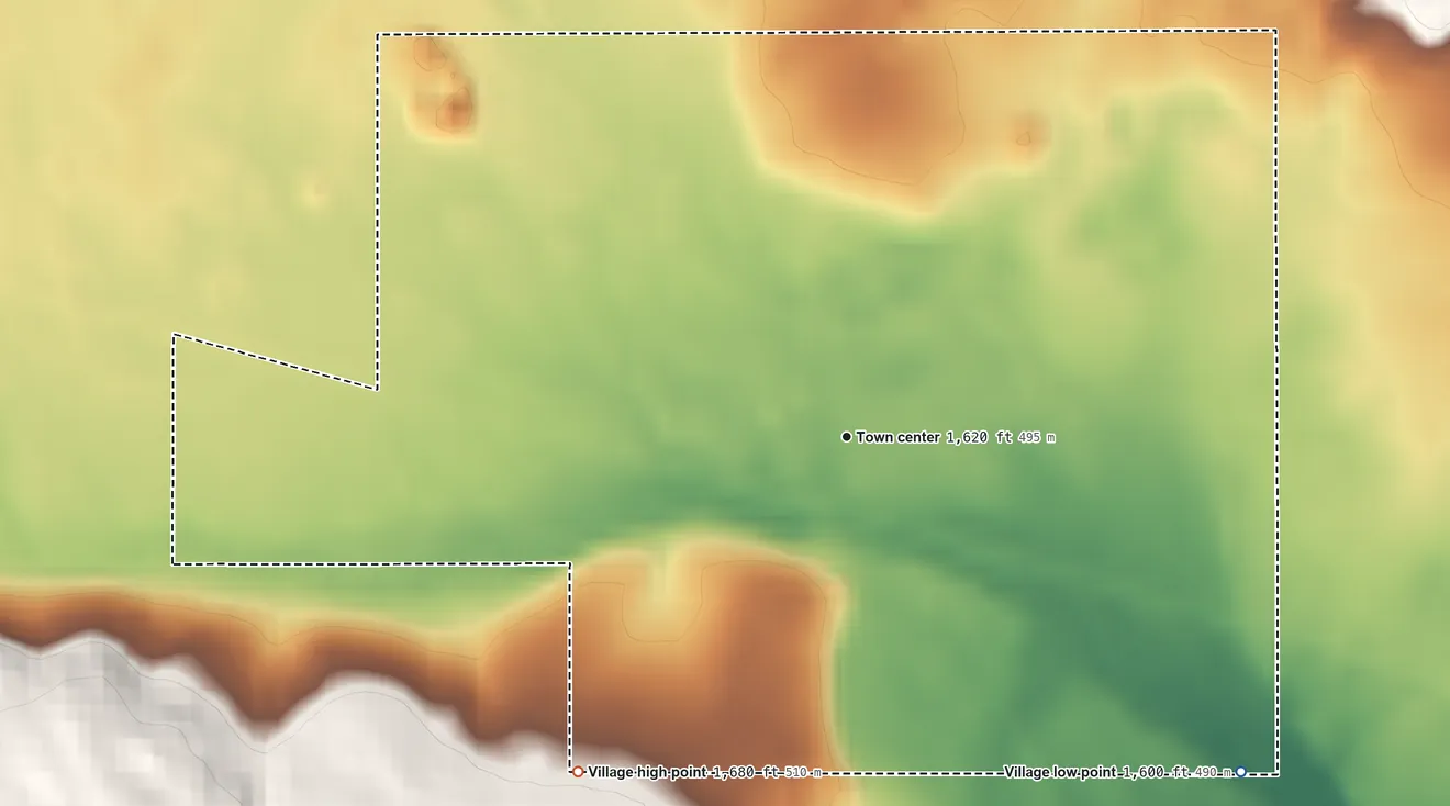 Topographic elevation map of Village of Gainesville, New York, shaded from 1,600 ft on the southeast side to 1,680 ft on the southwest side