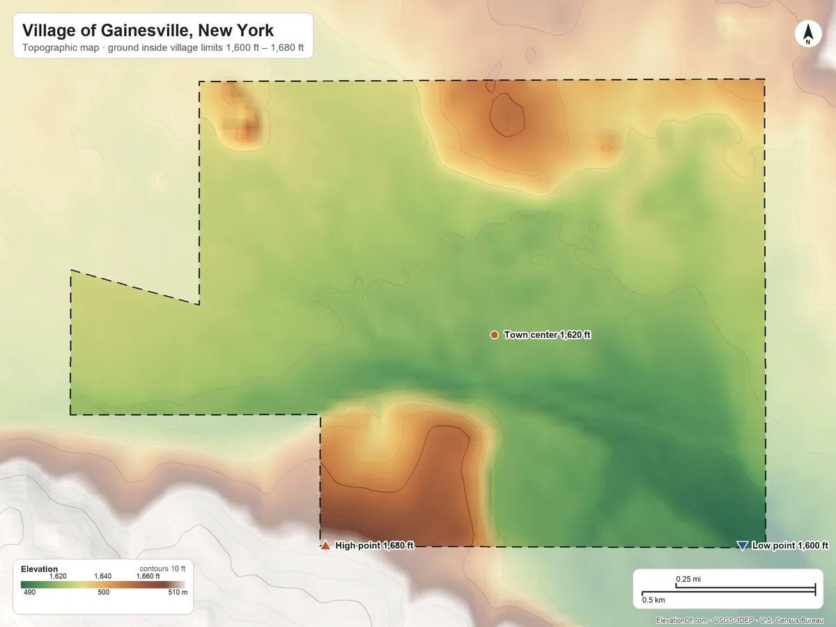 Topographic elevation map of Village of Gainesville, New York, shaded from 1,600 ft on the southeast side to 1,680 ft on the southwest side