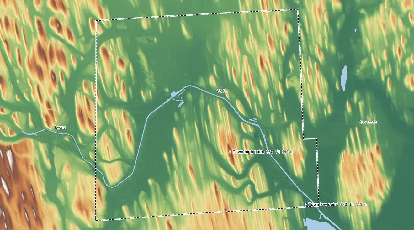 Topographic elevation map of Galen, New York, shaded from 380 ft on the southeast side to 630 ft on the southeast side