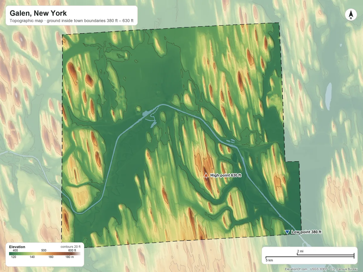 Topographic elevation map of Galen, New York, shaded from 380 ft on the southeast side to 630 ft on the southeast side