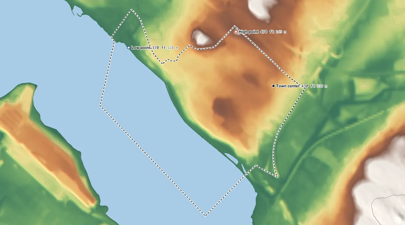 Topographic elevation map of Galeville, New York, shaded from 370 ft on the west side to 470 ft on the northwest side