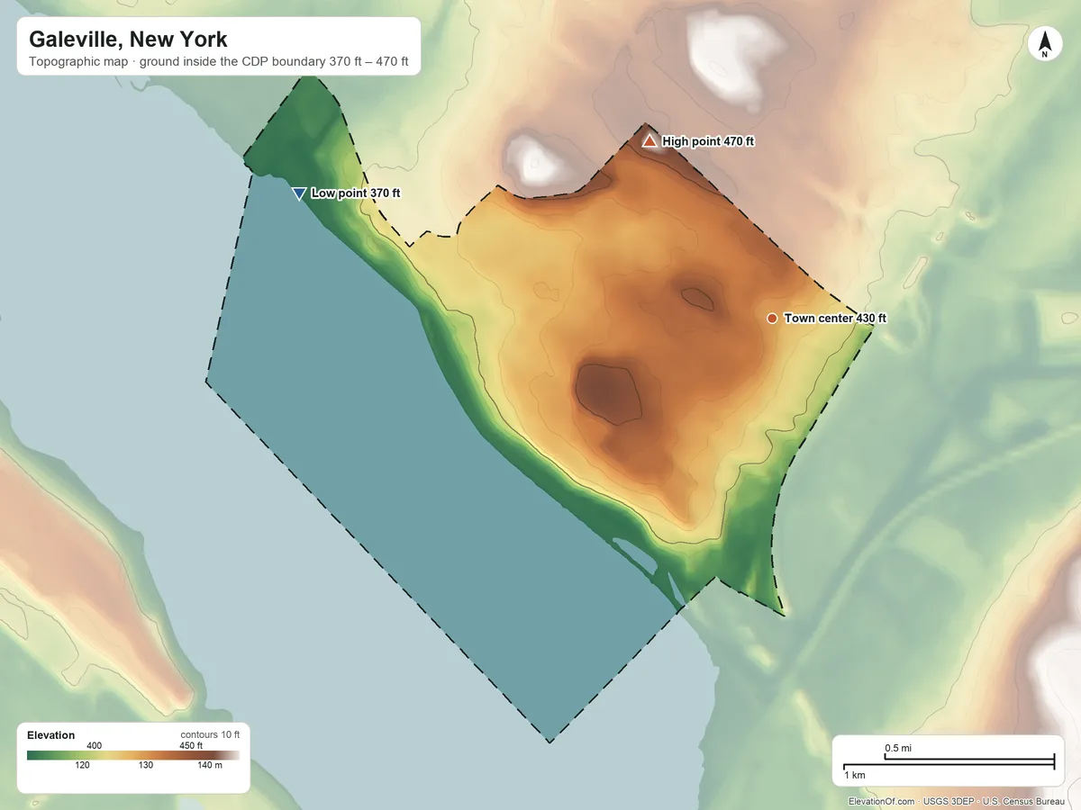 Topographic elevation map of Galeville, New York, shaded from 370 ft on the west side to 470 ft on the northwest side