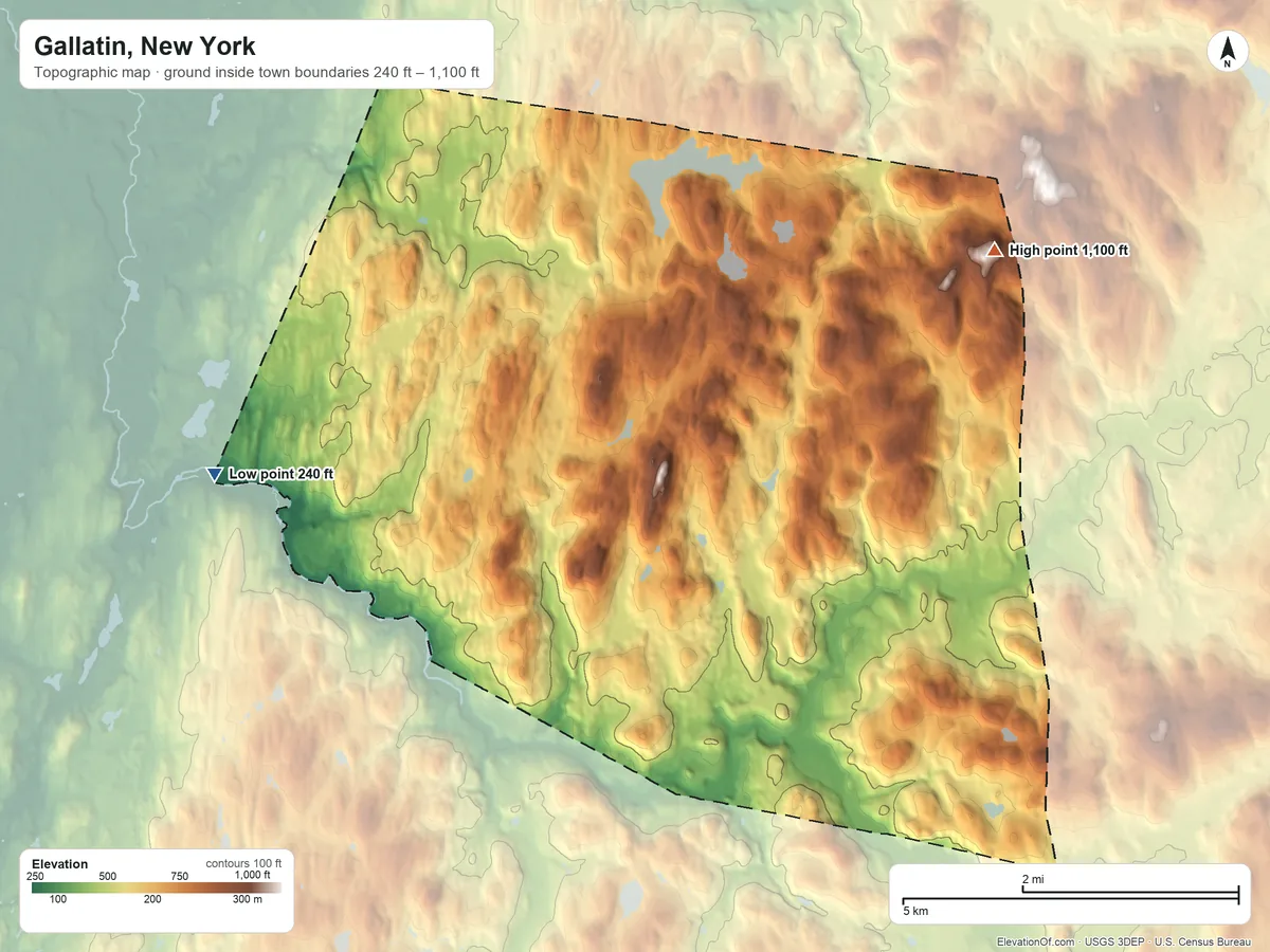 Topographic elevation map of Gallatin, New York, shaded from 240 ft on the west side to 1,100 ft on the northeast side
