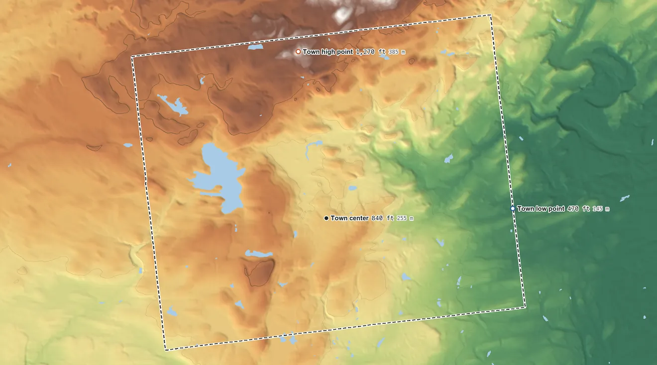 Topographic elevation map of Galway, New York, shaded from 470 ft on the east side to 1,270 ft on the north side