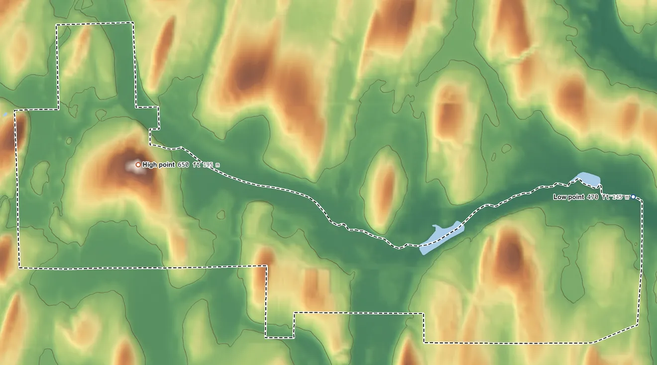 Topographic elevation map of Gananda, New York, shaded from 470 ft on the east side to 650 ft on the west side