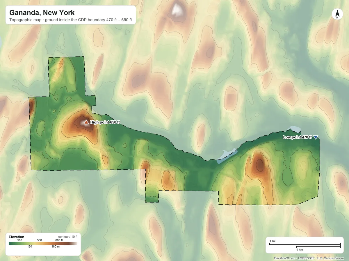 Topographic elevation map of Gananda, New York, shaded from 470 ft on the east side to 650 ft on the west side