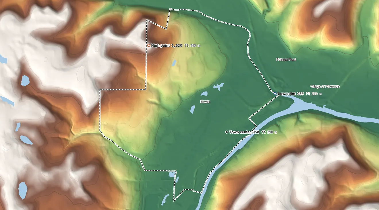 Topographic elevation map of Gang Mills, New York, shaded from 930 ft on the northeast side to 1,620 ft on the northwest side