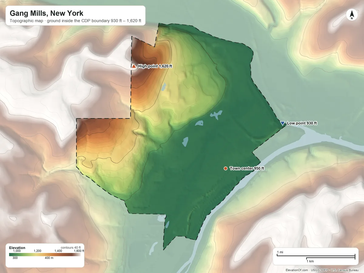 Topographic elevation map of Gang Mills, New York, shaded from 930 ft on the northeast side to 1,620 ft on the northwest side