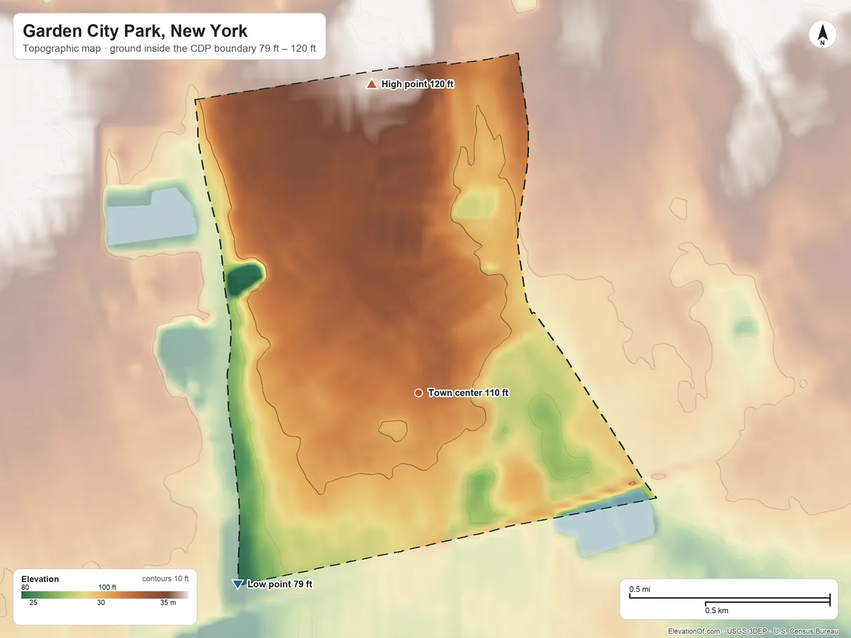 Topographic elevation map of Garden City Park, New York, shaded from 79 ft on the southwest side to 120 ft on the north side