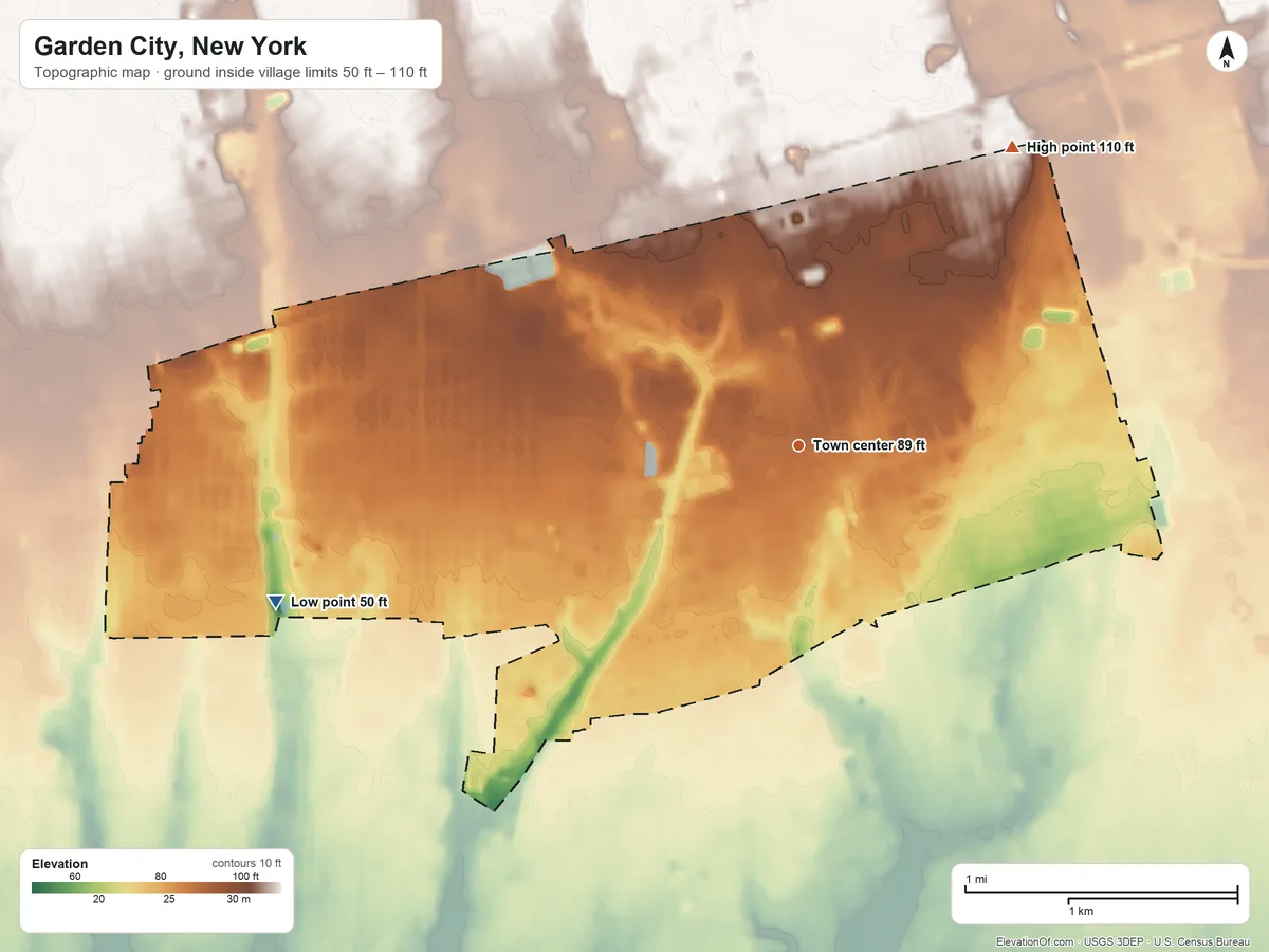 Topographic elevation map of Garden City, New York, shaded from 50 ft on the west side to 110 ft on the northeast side
