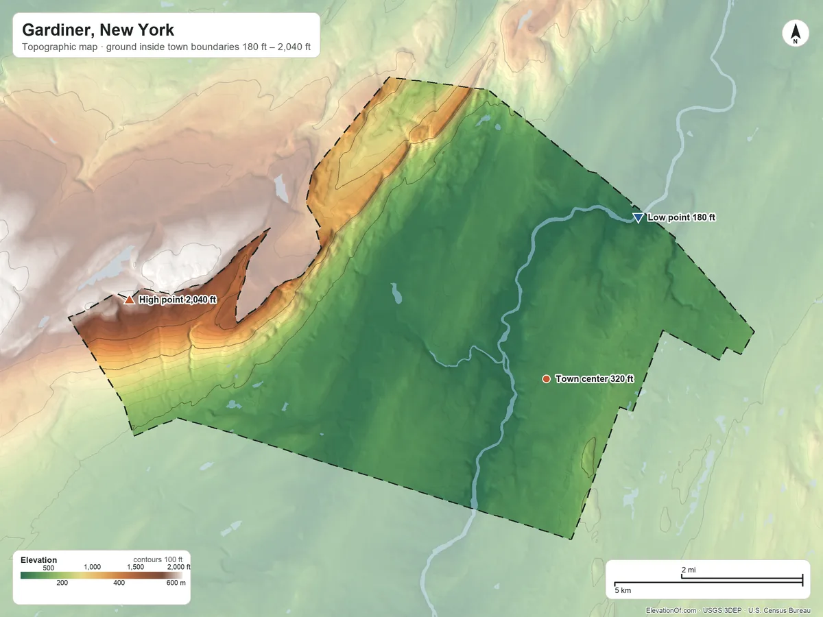 Topographic elevation map of Gardiner, New York, shaded from 180 ft on the northeast side to 2,040 ft on the west side