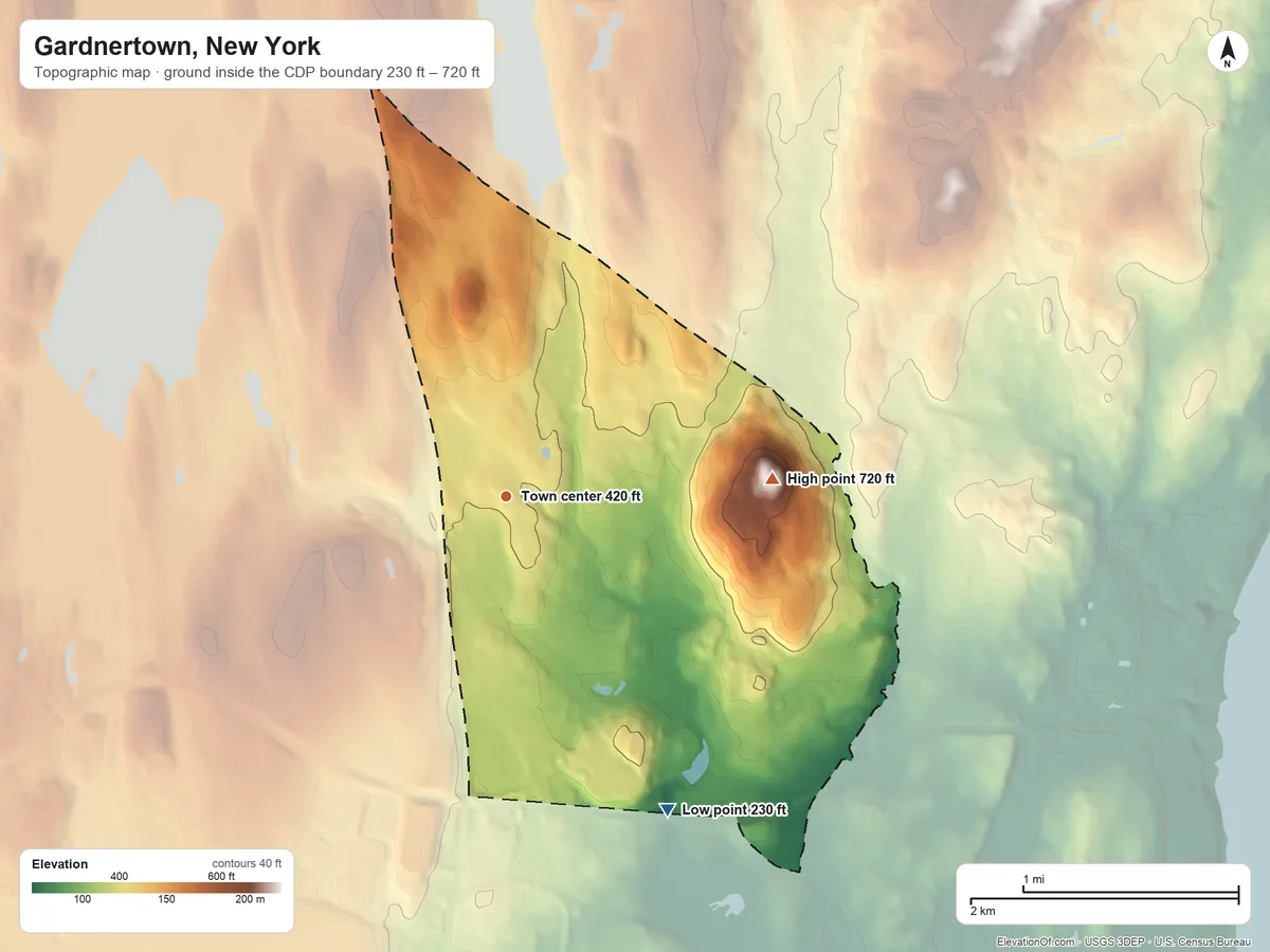 Topographic elevation map of Gardnertown, New York, shaded from 230 ft on the southeast side to 720 ft on Cronomer Hill