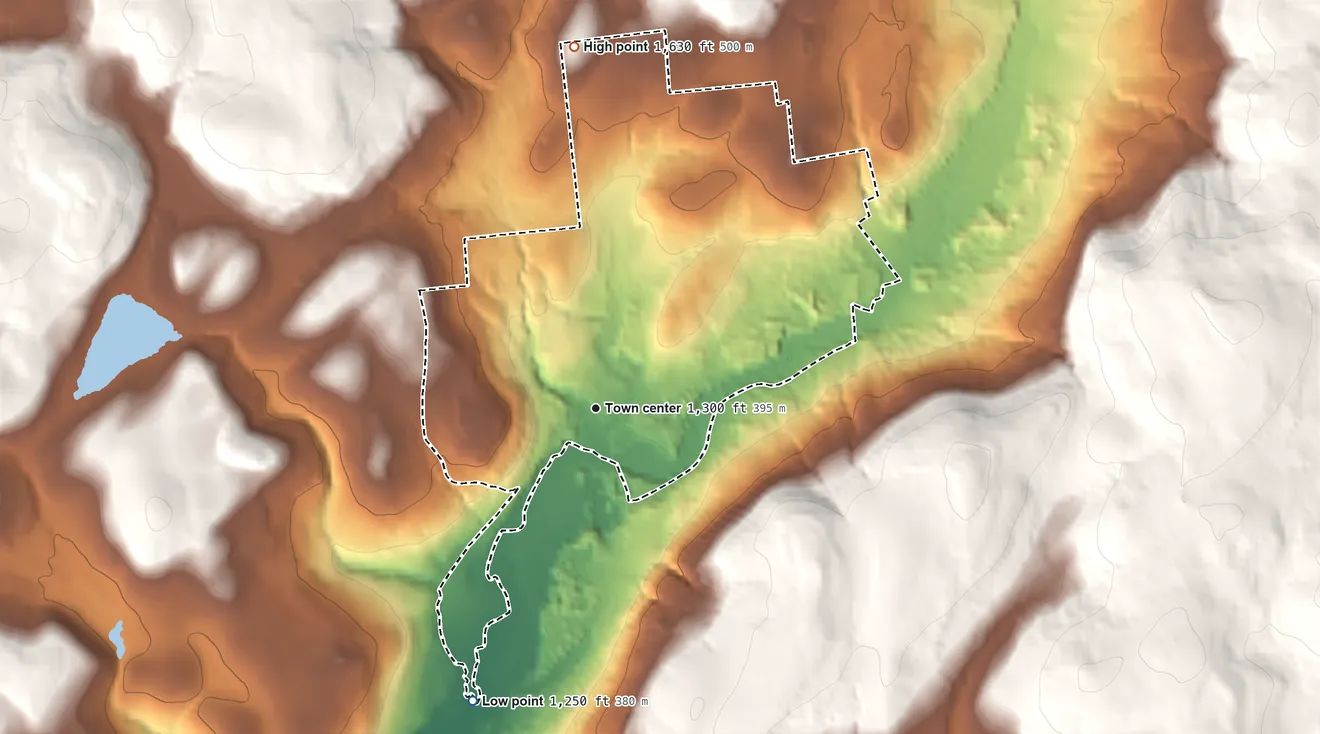 Topographic elevation map of Garrattsville, New York, shaded from 1,250 ft on the southwest side to 1,630 ft on the north side