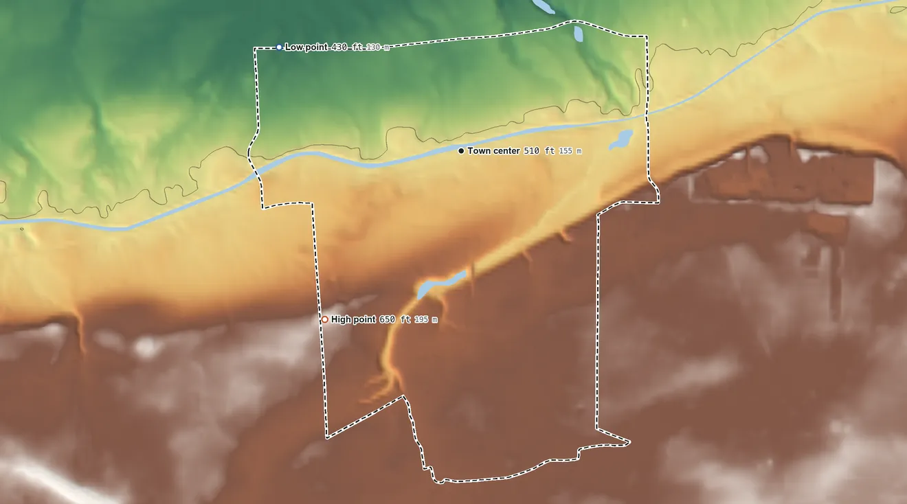 Topographic elevation map of Gasport, New York, shaded from 430 ft on the northwest side to 650 ft on the southwest side