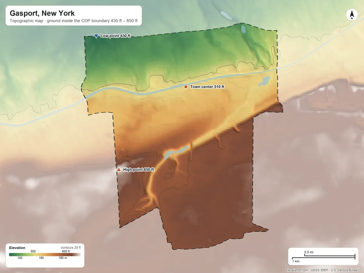 Topographic elevation map of Gasport, New York, shaded from 430 ft on the northwest side to 650 ft on the southwest side