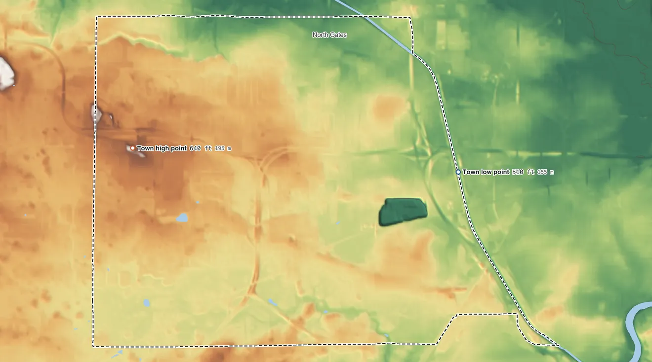 Topographic elevation map of Gates, New York, shaded from 510 ft on the east side to 640 ft on the west side