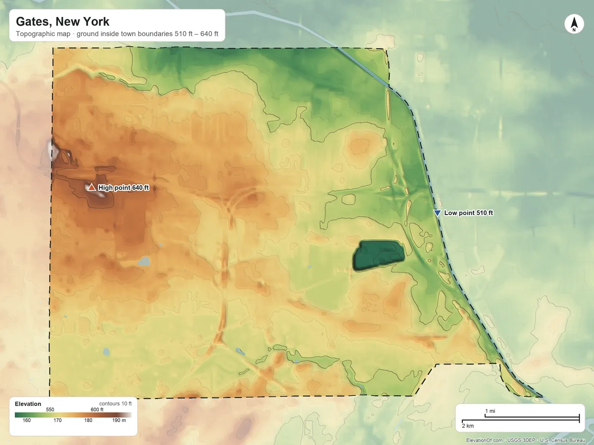 Topographic elevation map of Gates, New York, shaded from 510 ft on the east side to 640 ft on the west side