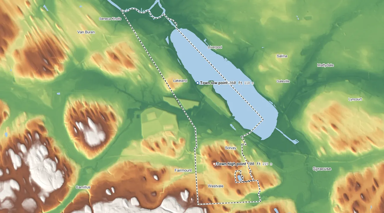 Topographic elevation map of Geddes, New York, shaded from 360 ft on the north side to 700 ft near the middle