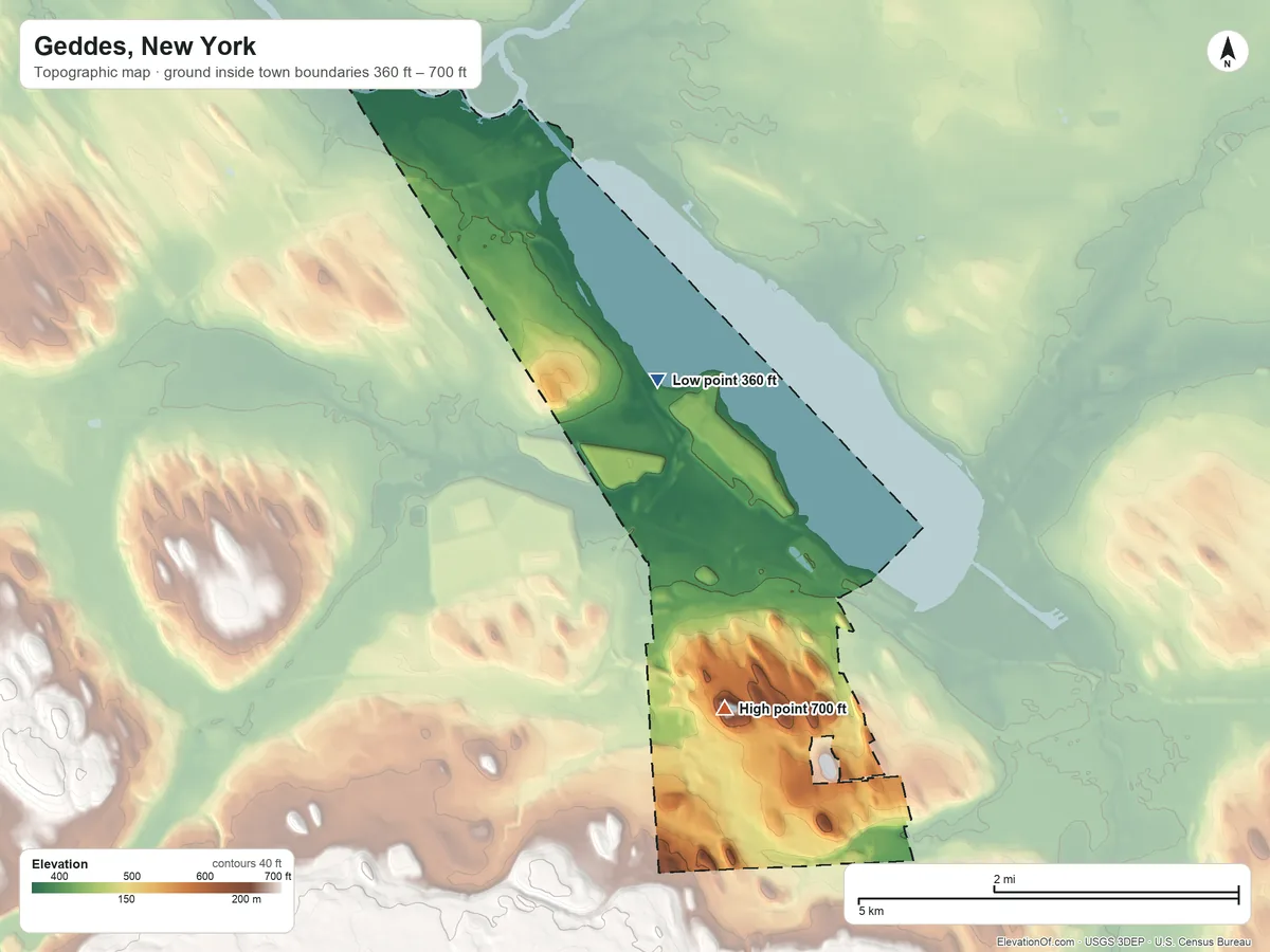 Topographic elevation map of Geddes, New York, shaded from 360 ft on the north side to 700 ft near the middle