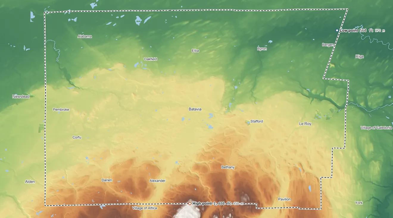 Topographic elevation map of Genesee County, New York, shaded from 560 ft on the northeast side to 1,480 ft on the south side