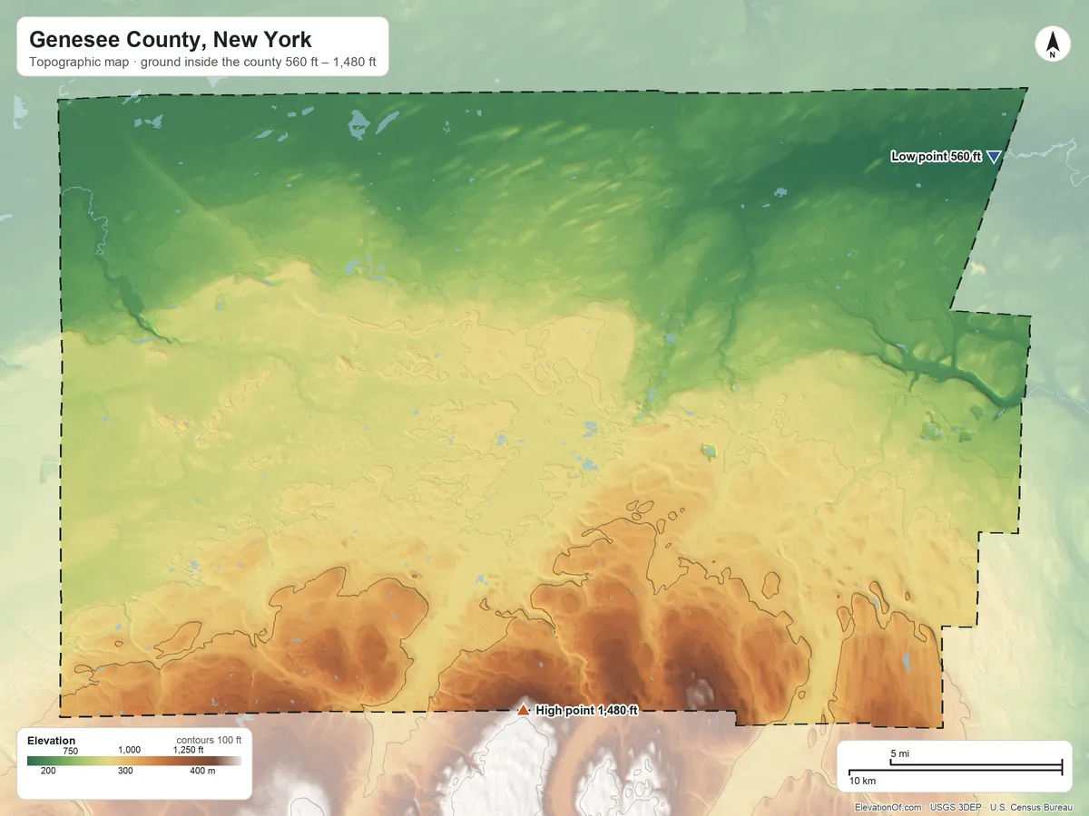 Topographic elevation map of Genesee County, New York, shaded from 560 ft on the northeast side to 1,480 ft on the south side