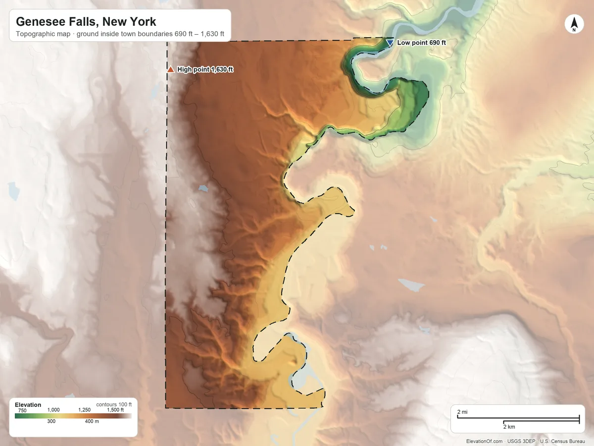 Topographic elevation map of Genesee Falls, New York, shaded from 690 ft on the northeast side to 1,630 ft on the northwest side