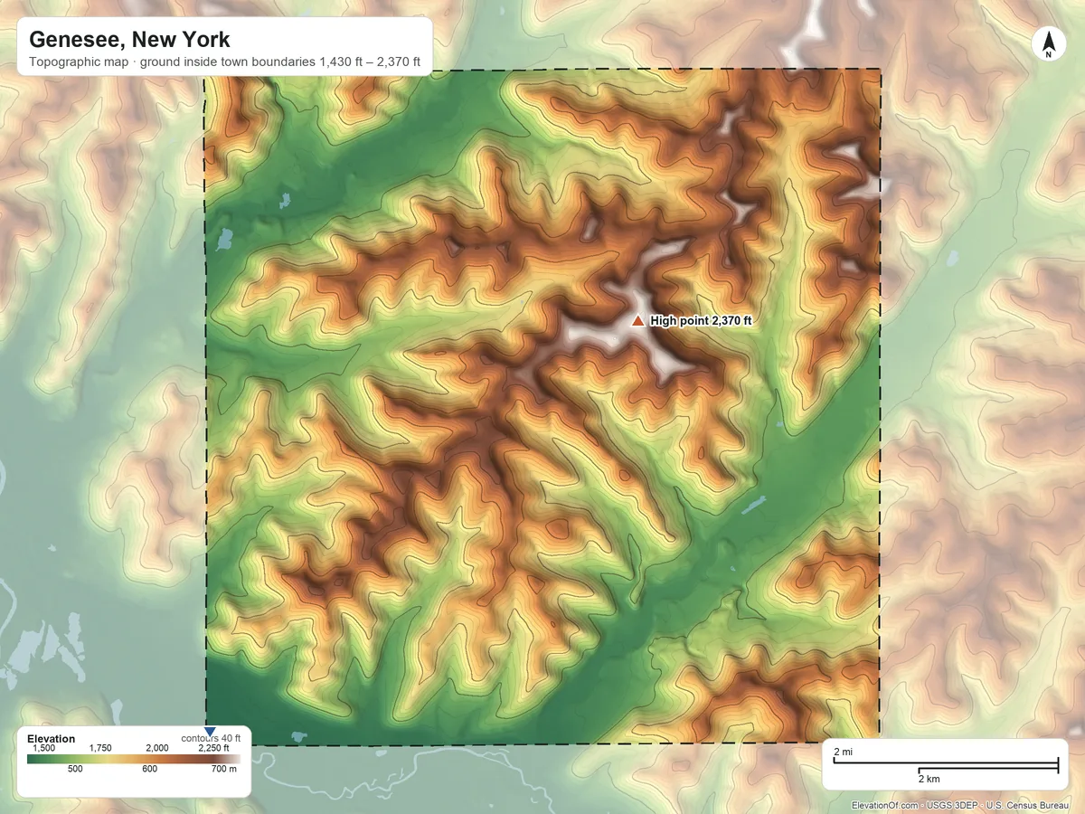 Topographic elevation map of Genesee, New York, shaded from 1,430 ft on the southwest side to 2,370 ft on the northeast side
