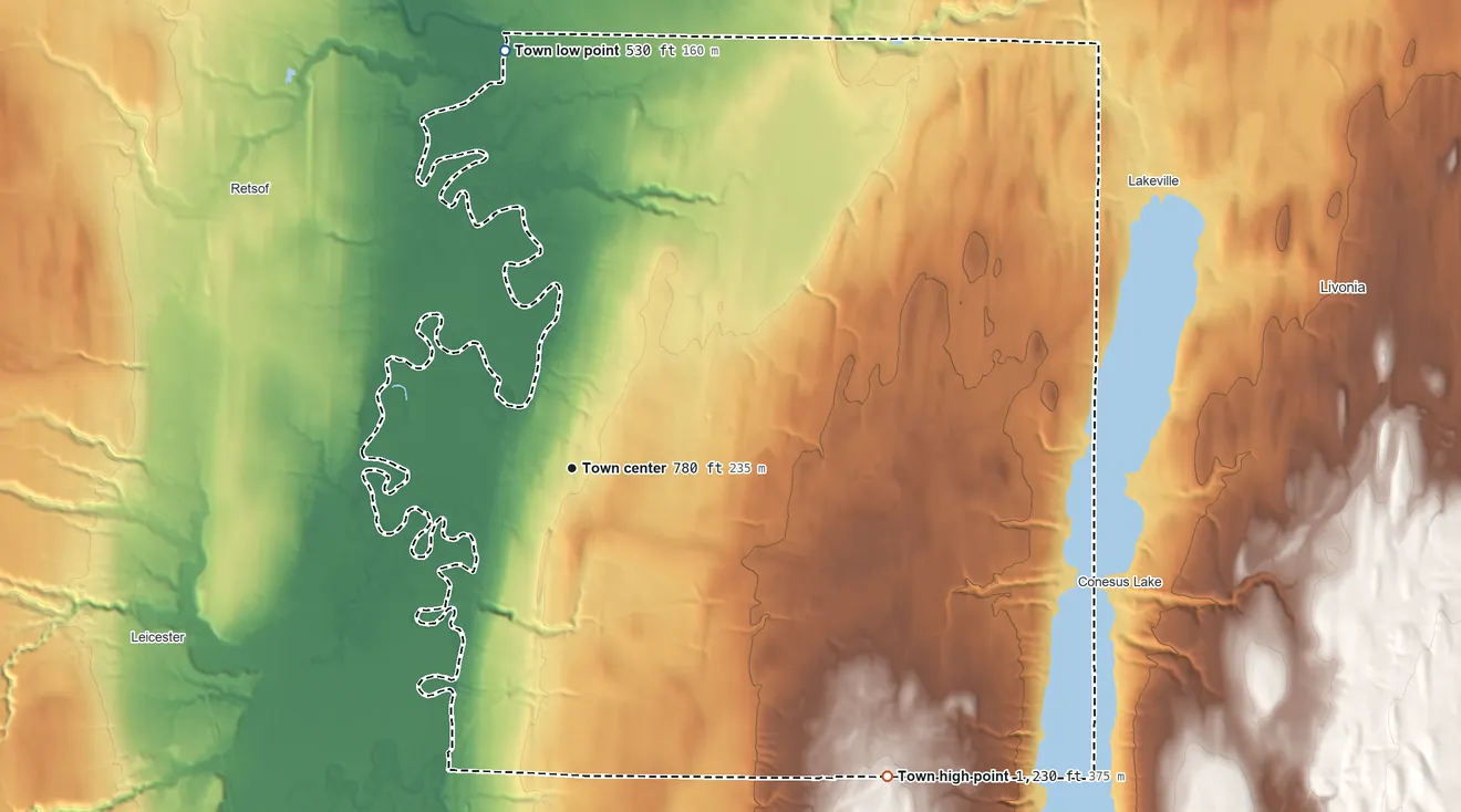 Topographic elevation map of Geneseo, New York, shaded from 530 ft on the north side to 1,230 ft on the southeast side