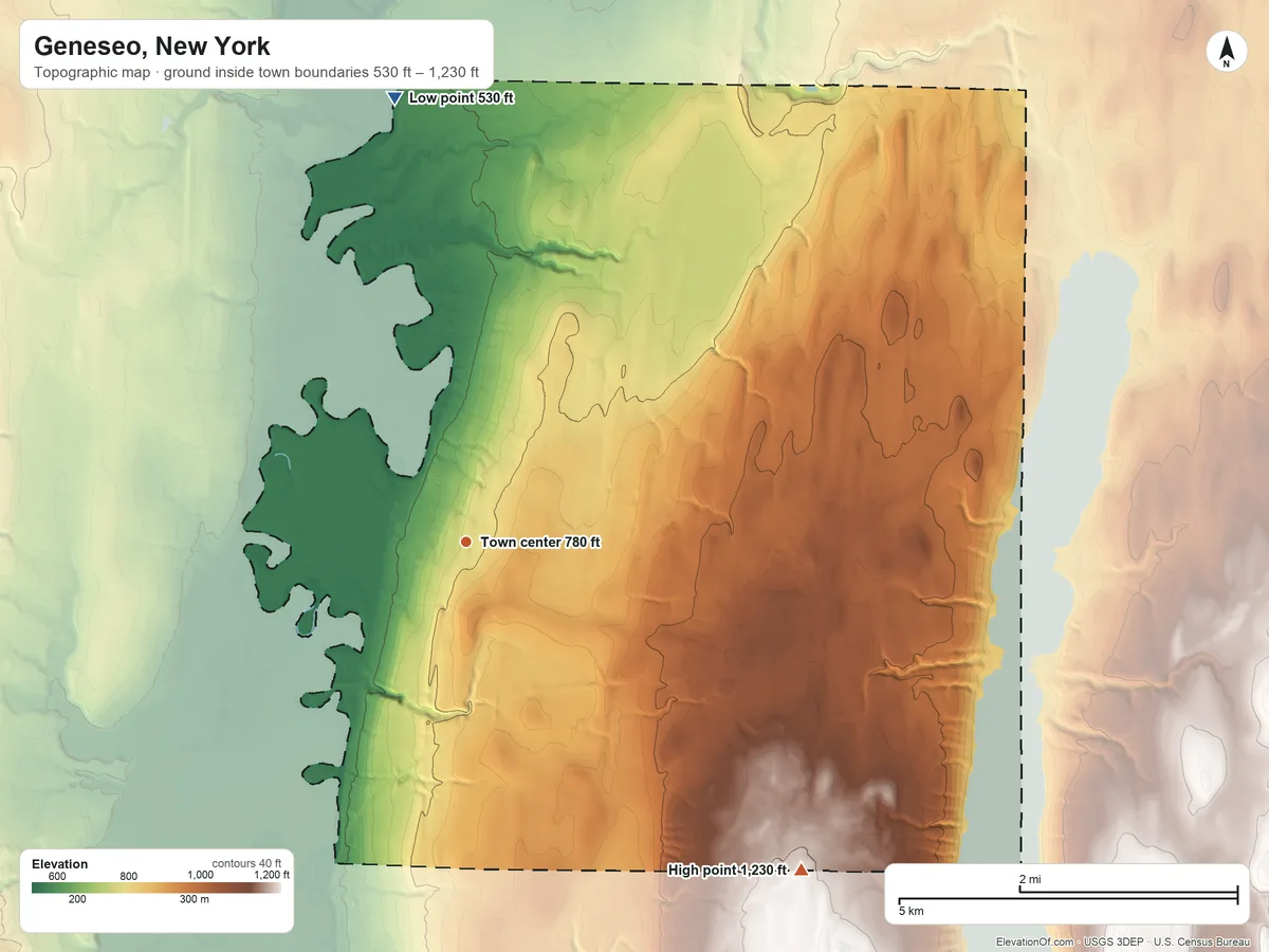 Topographic elevation map of Geneseo, New York, shaded from 530 ft on the north side to 1,230 ft on the southeast side
