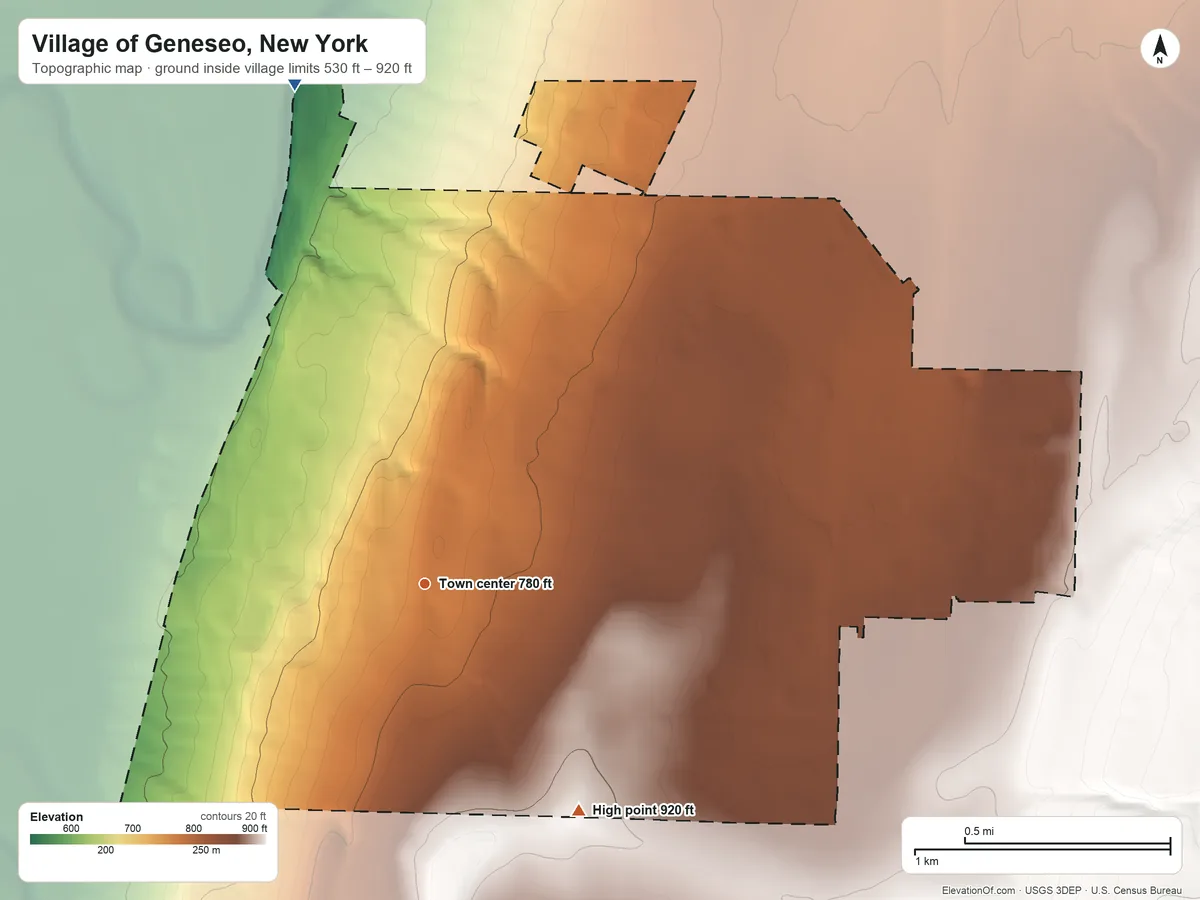 Topographic elevation map of Village of Geneseo, New York, shaded from 530 ft on the north side to 920 ft on the southeast side
