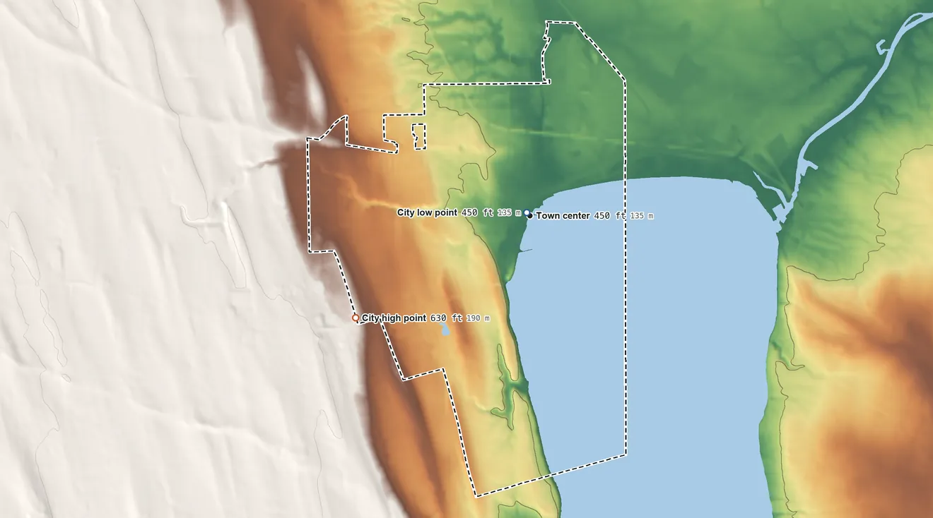 Topographic elevation map of Geneva, New York, shaded from 450 ft near the middle to 630 ft on the southwest side