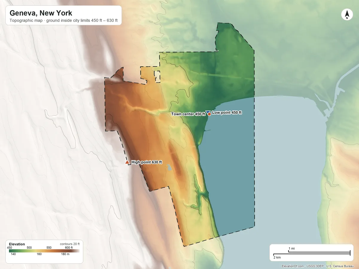 Topographic elevation map of Geneva, New York, shaded from 450 ft near the middle to 630 ft on the southwest side