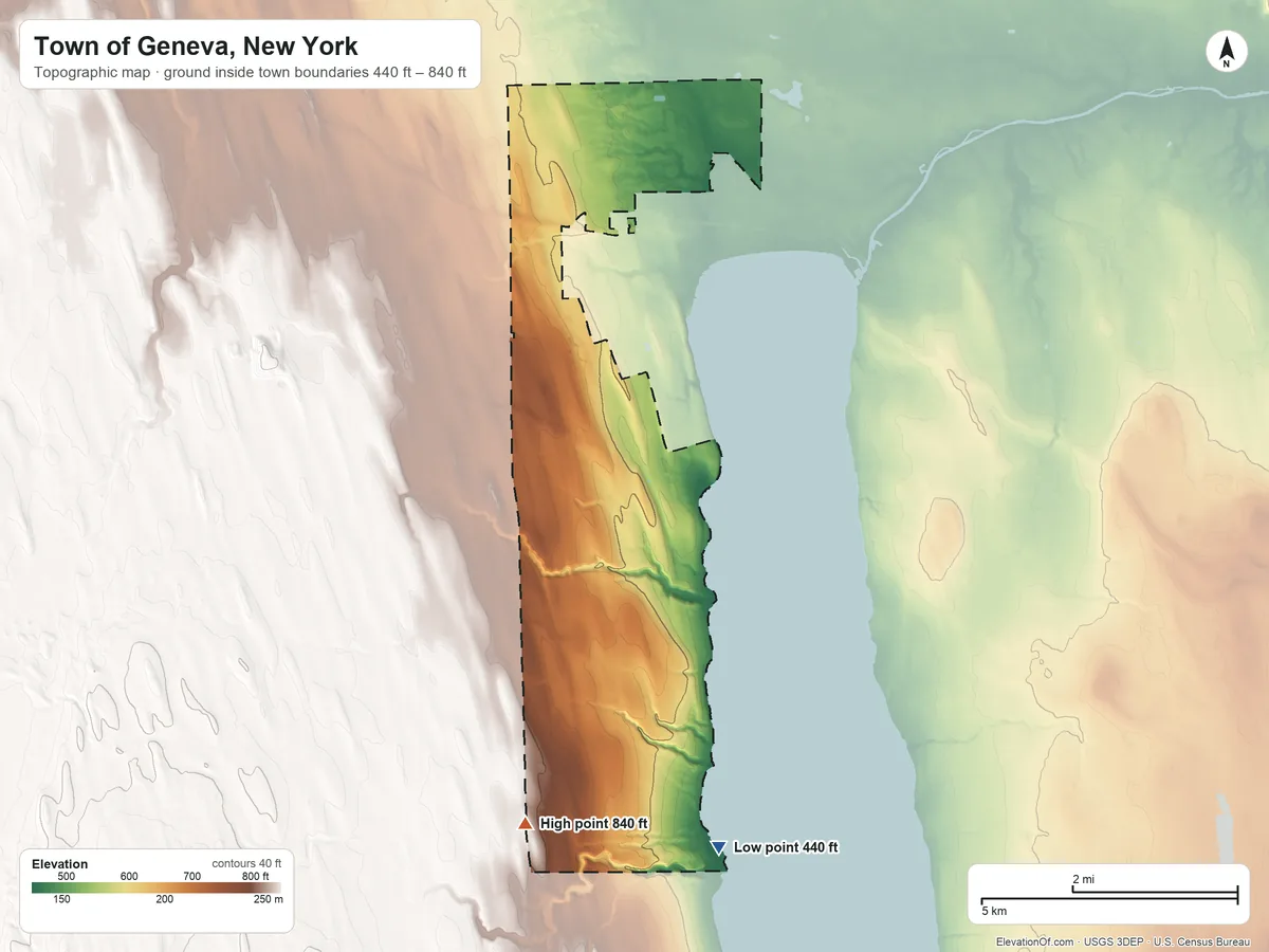 Topographic elevation map of Town of Geneva, New York, shaded from 440 ft on the south side to 840 ft on the south side