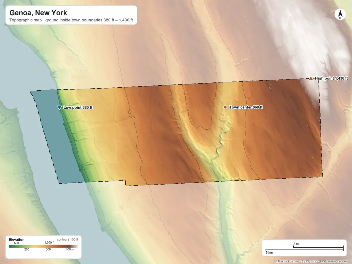 Topographic elevation map of Genoa, New York, shaded from 380 ft on the west side to 1,430 ft on the east side