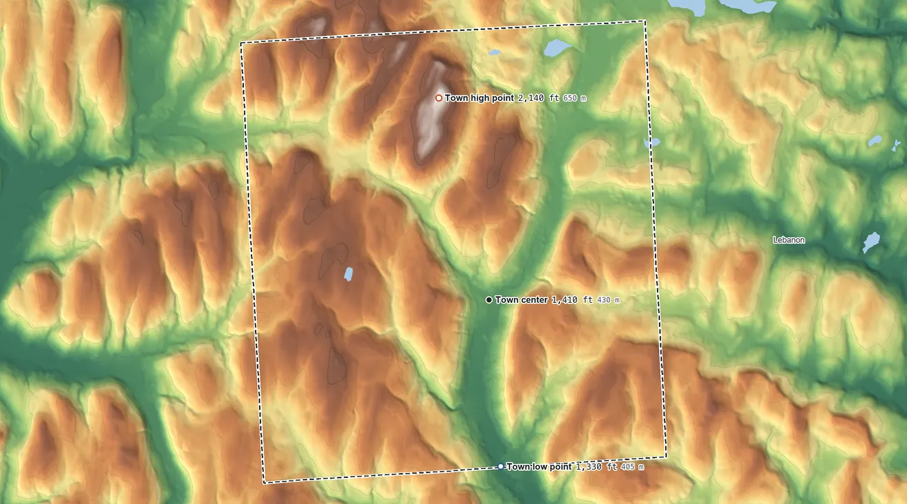 Topographic elevation map of Georgetown, New York, shaded from 1,330 ft on the south side to 2,140 ft on the north side