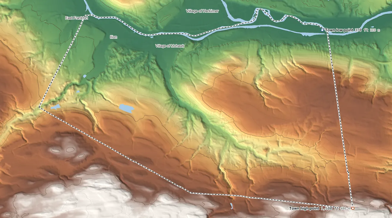 Topographic elevation map of German Flatts, New York, shaded from 370 ft on the east side to 1,580 ft on the southeast side