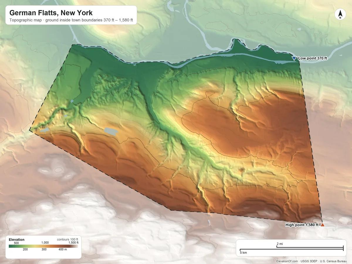 Topographic elevation map of German Flatts, New York, shaded from 370 ft on the east side to 1,580 ft on the southeast side