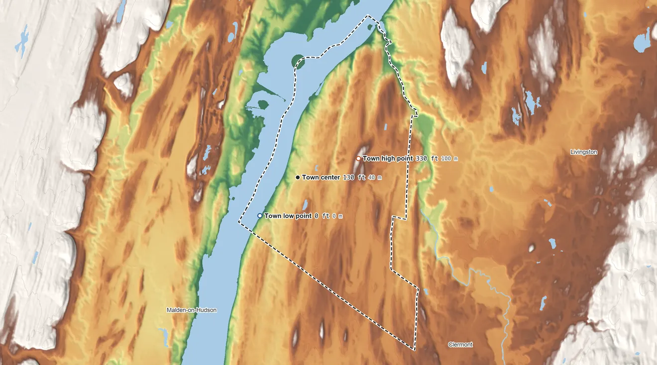 Topographic elevation map of Germantown, New York, shaded from 0 ft on the southwest side to 330 ft on the east side