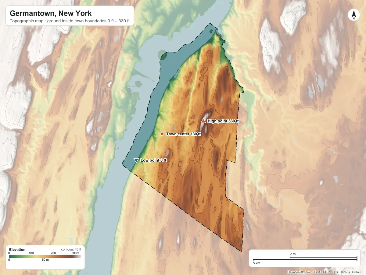 Topographic elevation map of Germantown, New York, shaded from 0 ft on the southwest side to 330 ft on the east side