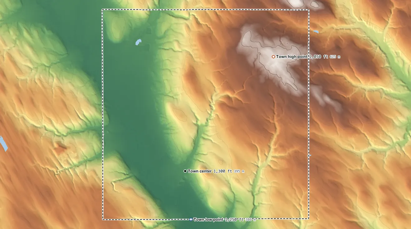 Topographic elevation map of Gerry, New York, shaded from 1,250 ft on the south side to 2,050 ft on the northeast side