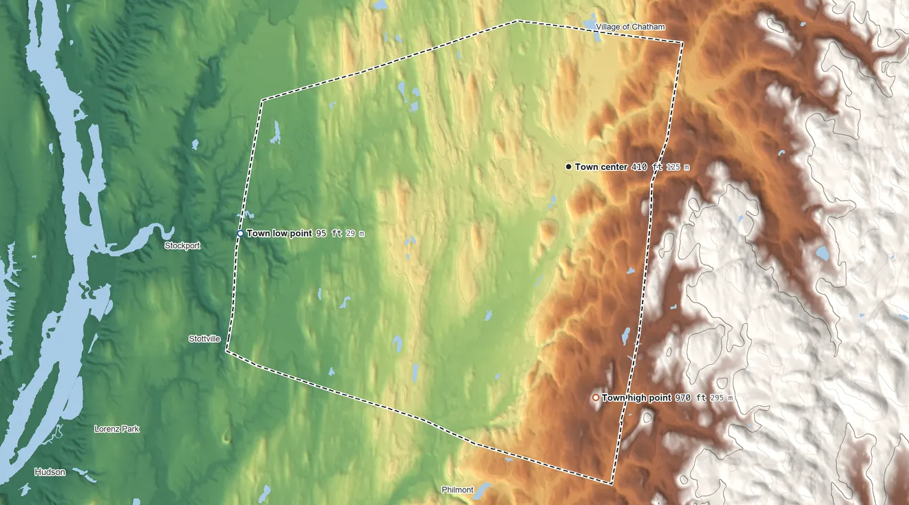 Topographic elevation map of Ghent, New York, shaded from 95 ft on the west side to 970 ft on the south side
