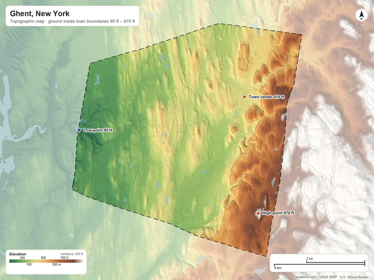 Topographic elevation map of Ghent, New York, shaded from 95 ft on the west side to 970 ft on the south side