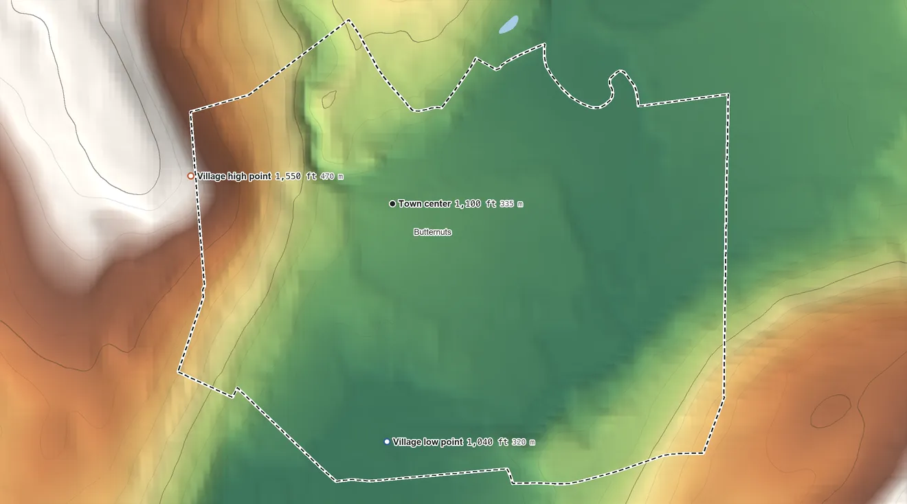Topographic elevation map of Gilbertsville, New York, shaded from 1,040 ft on the south side to 1,550 ft on the west side