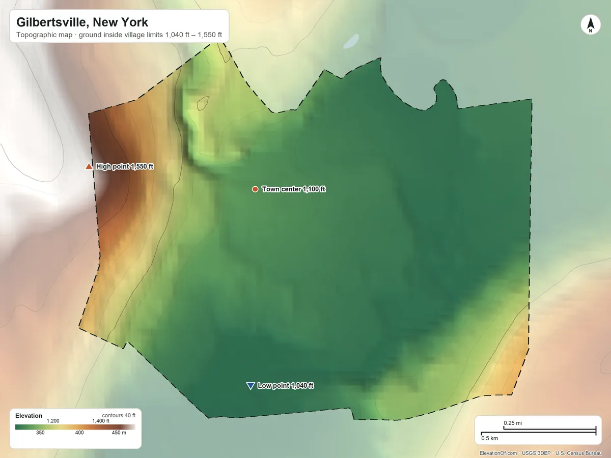 Topographic elevation map of Gilbertsville, New York, shaded from 1,040 ft on the south side to 1,550 ft on the west side