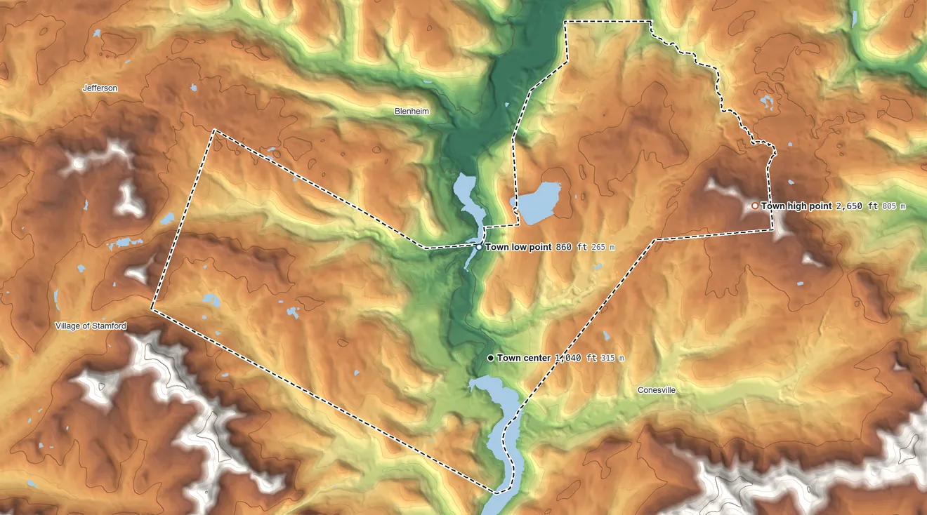 Topographic elevation map of Gilboa, New York, shaded from 860 ft on the north side to 2,650 ft on the northeast side